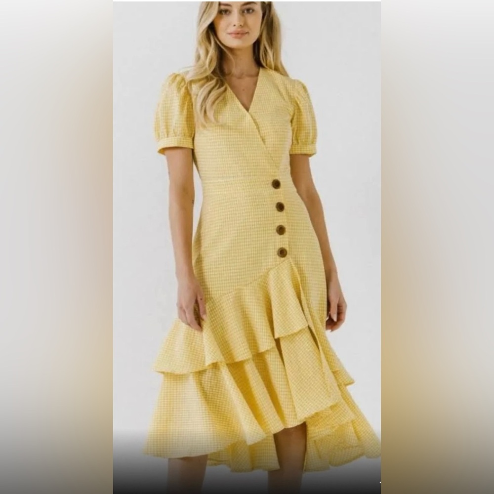 English Factory Yellow Gingham Wrap-Style High-Low Dress